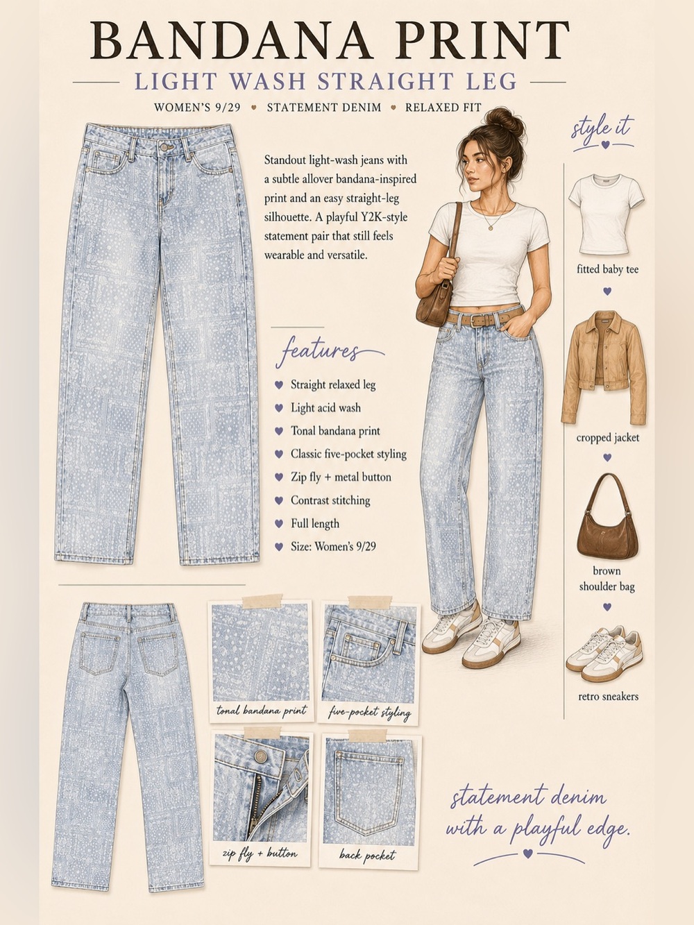 Relaxed Light Blue Patterned Women's Jeans